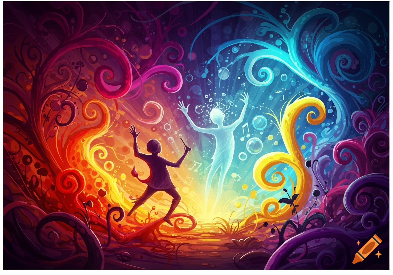 Colorful abstract illustration of two figures, one a silhouette and one glowing, surrounded by swirling vibrant patterns and musical notes.