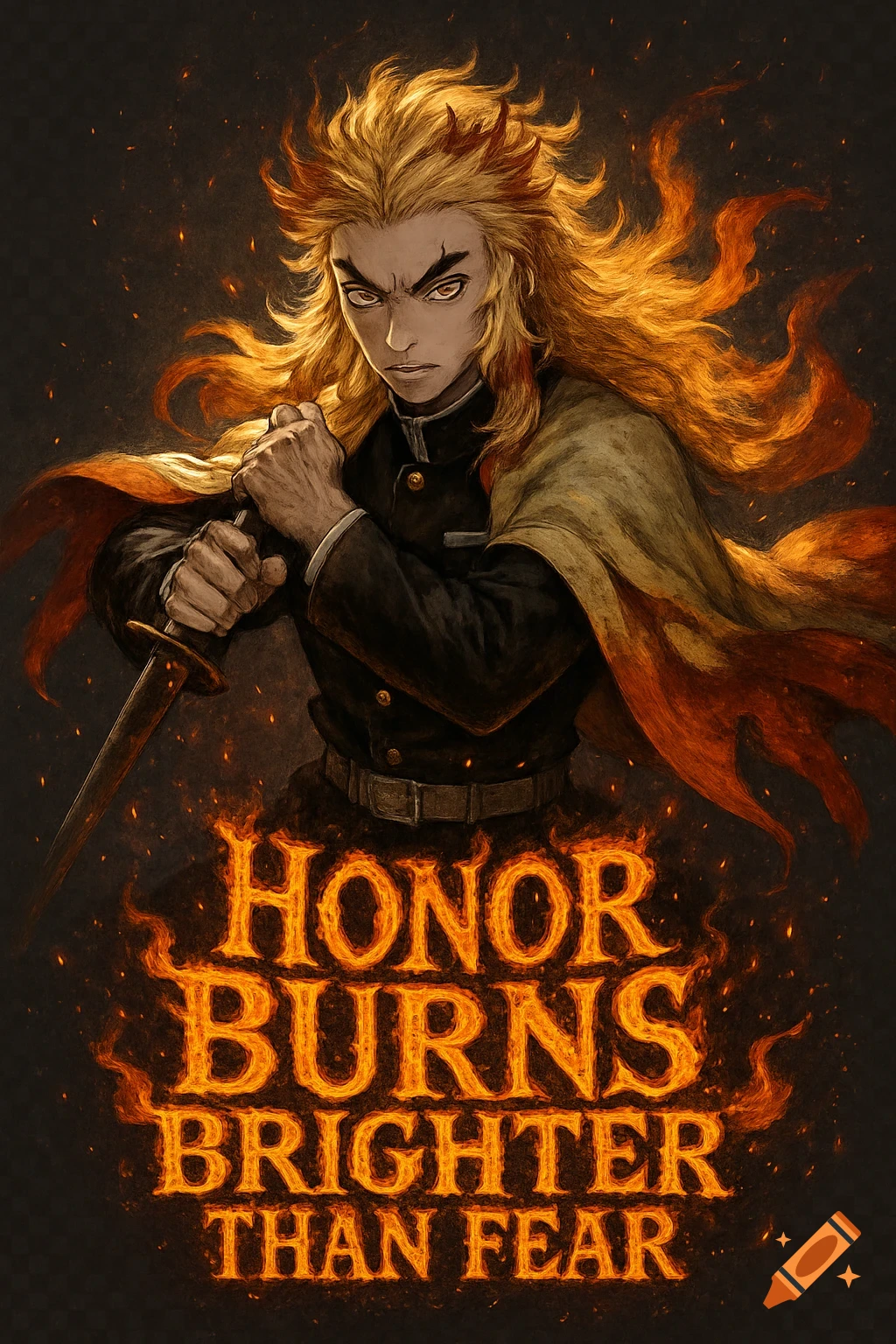 A determined anime character with fiery blonde hair and a flame-patterned cape holds a sword, with fiery text below.