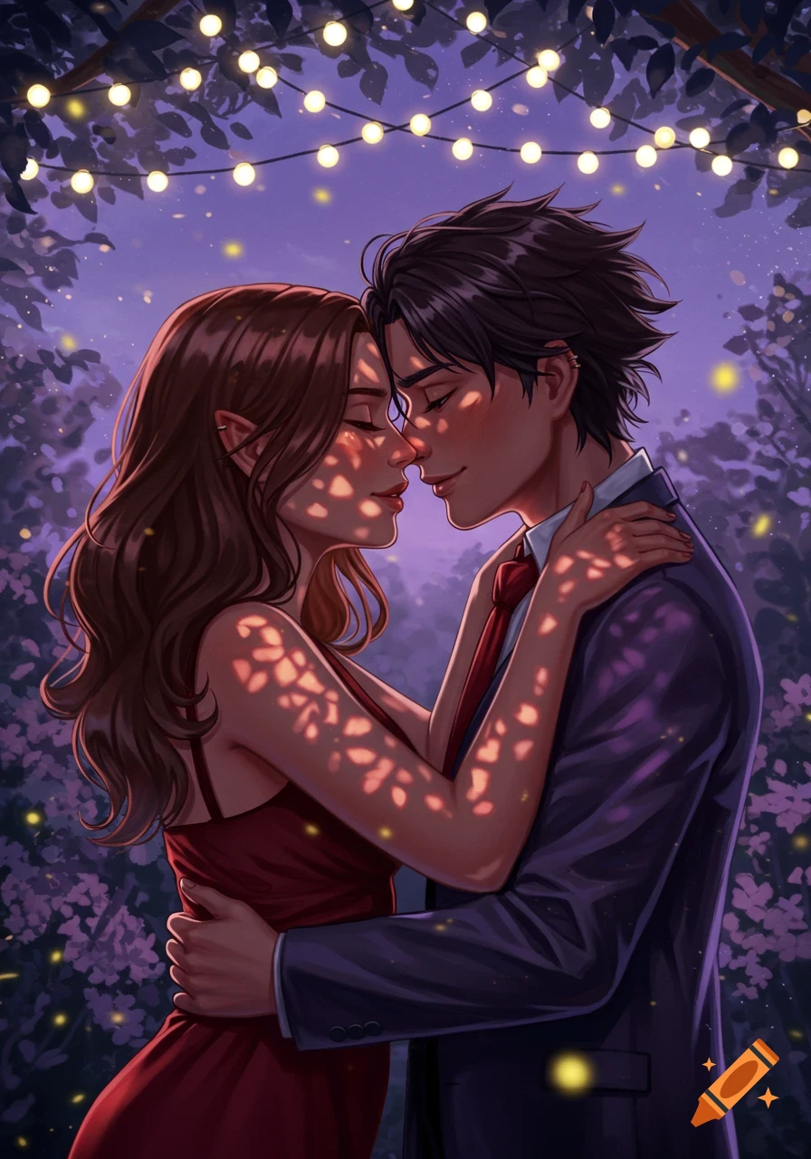 An anime couple embracing under string lights, with leaf shadows dappling their faces, in a romantic night garden scene.