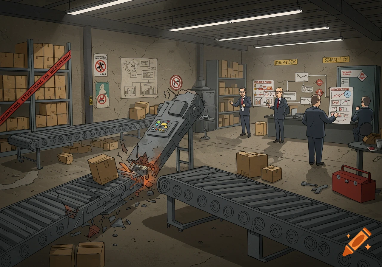 Corporate cartoon of a broken conveyor belt in a warehouse with managers ignoring it while discussing charts.