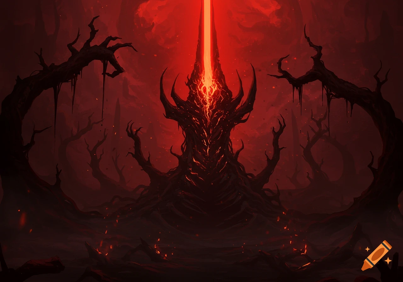 A towering, gnarled, dark structure with a red light beam, surrounded by twisted, claw-like trees in a hellish red landscape.