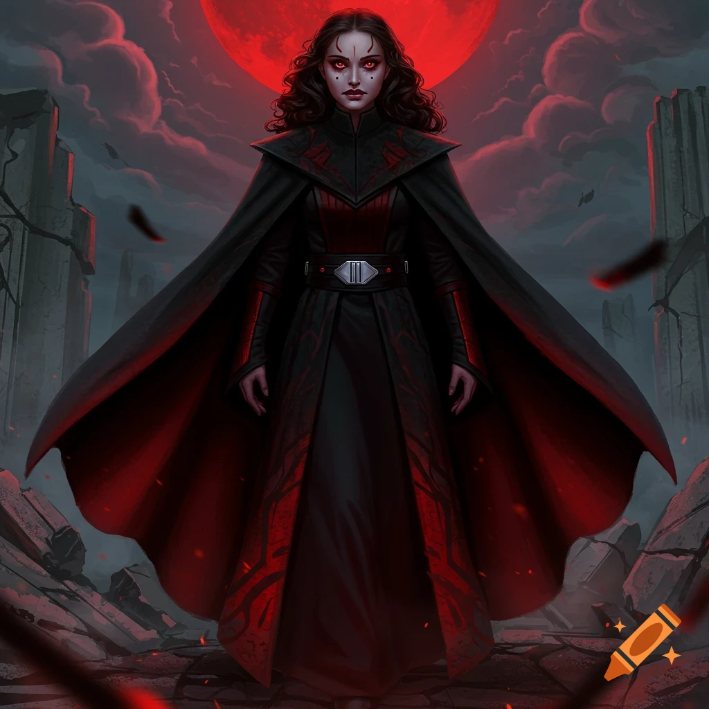 A woman in a Sith Lord outfit with red eyes and markings, standing in ruins under a red moon, digital painting.