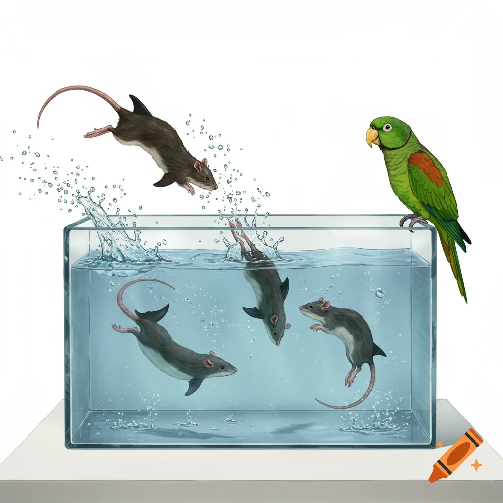 An illustration of rats with dolphin fins jumping in a water-filled glass tank, with a green parrot observing from the rim against a white background.