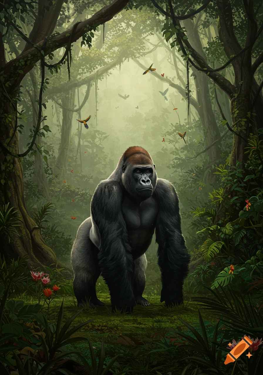 A powerful silverback gorilla stands in a lush, misty jungle with birds flying in the background, in a detailed illustration style.