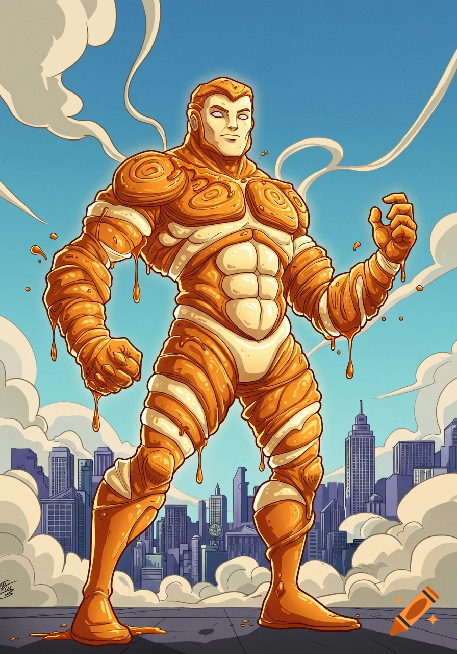 A muscular superhero made of golden-brown pastry and white cream, with syrup dripping, stands against a city skyline in comic art style.