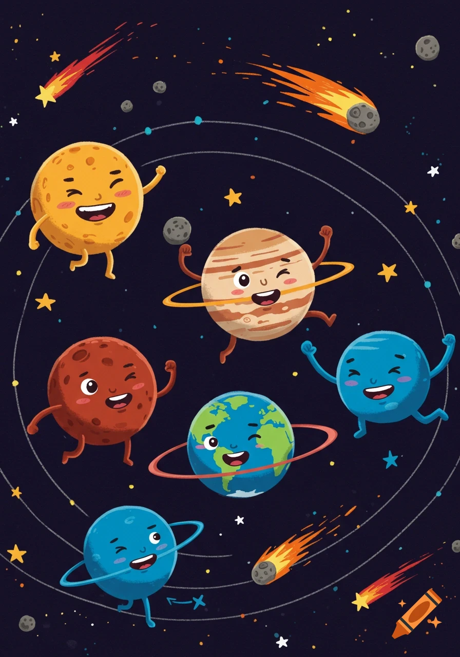 Cartoon planets with happy faces dance in a vibrant, star-filled outer space with comets and orbits, in an illustrative style.