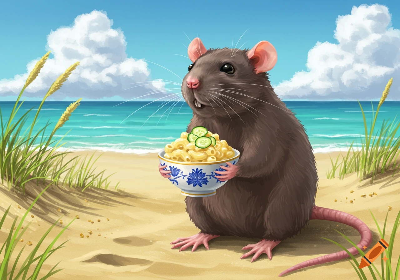 An illustration of a brown rat sitting on a sandy beach, holding a bowl of macaroni and cheese topped with cucumber slices.