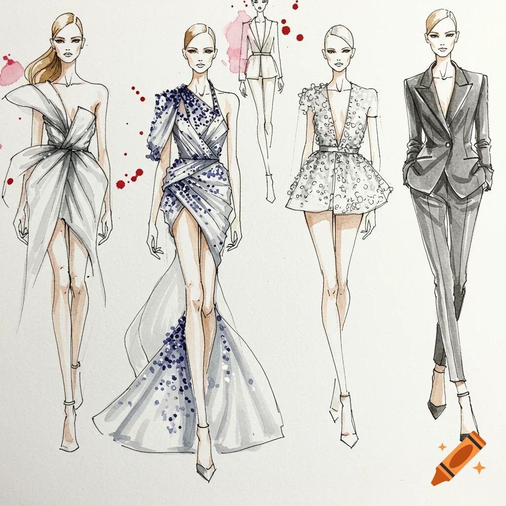 Watercolor fashion sketches depicting four female models in various outfits, including dresses, a gown, and a pantsuit.