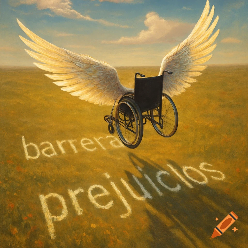 A black wheelchair with large, golden-white wings flies over a golden field where the words "barrera" and "prejuicios" are written on the ground, in a painting style.
