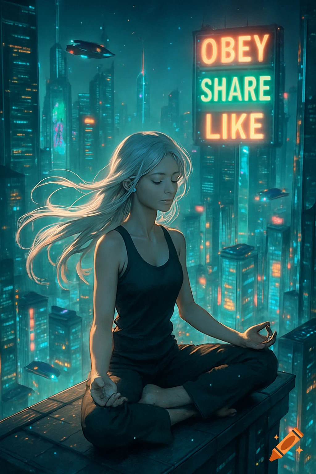 A silver-haired woman meditates on a skyscraper rooftop in a cinematic anime cyberpunk city with neon signs 'OBEY SHARE LIKE'.