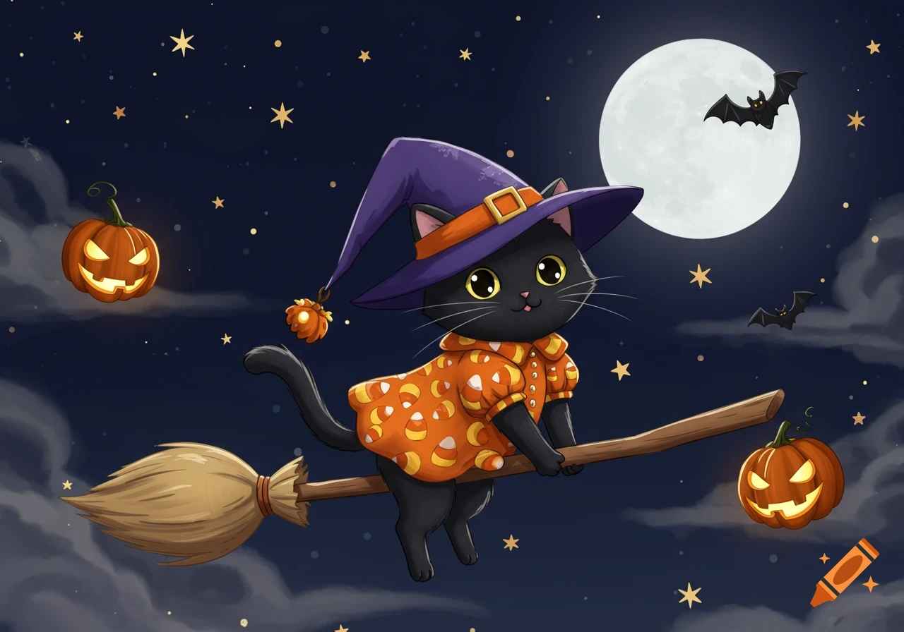 A cute black cat witch in a candy corn outfit flying on a broom through a starry night sky with pumpkins, bats, and a full moon.