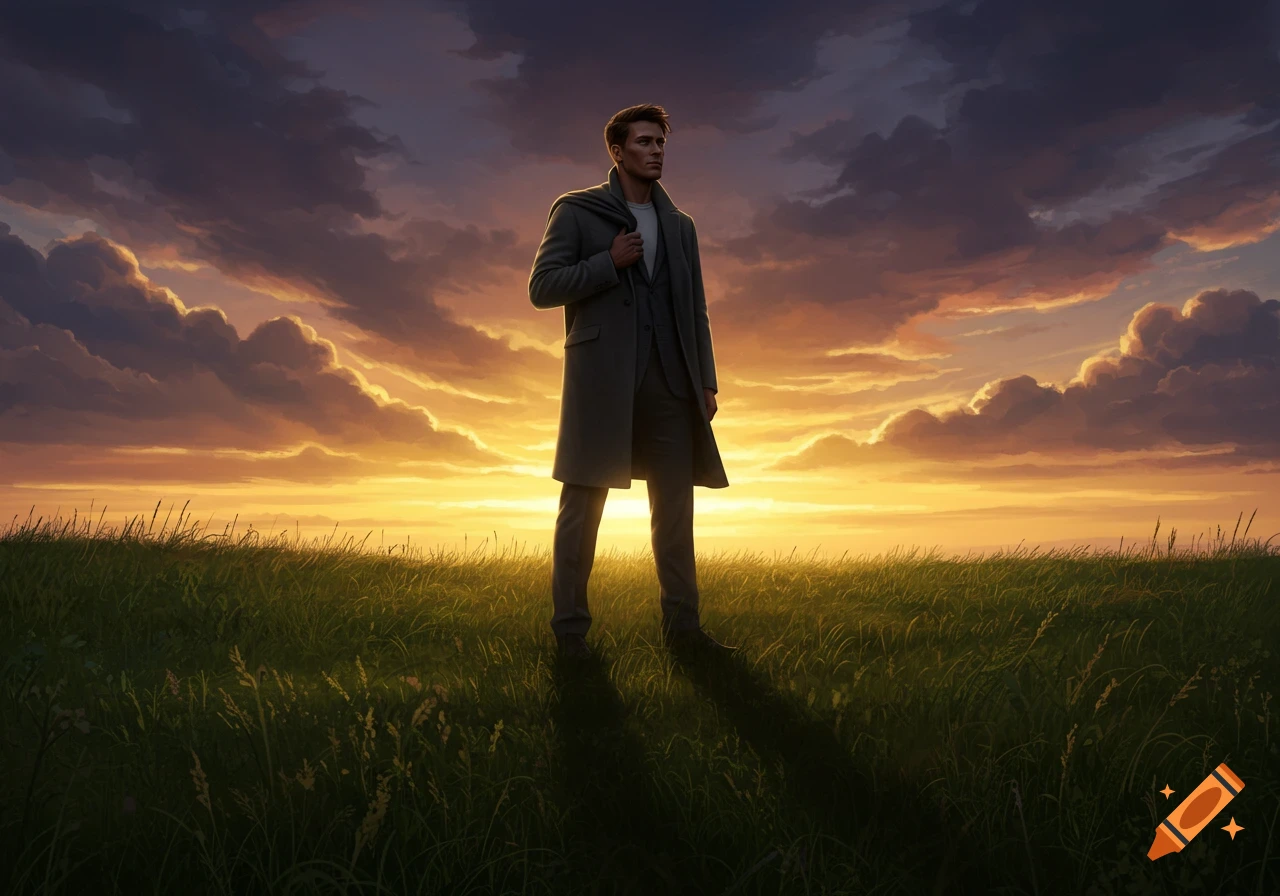 A man in a coat stands in a grassy field, silhouetted against a dramatic sunset sky.