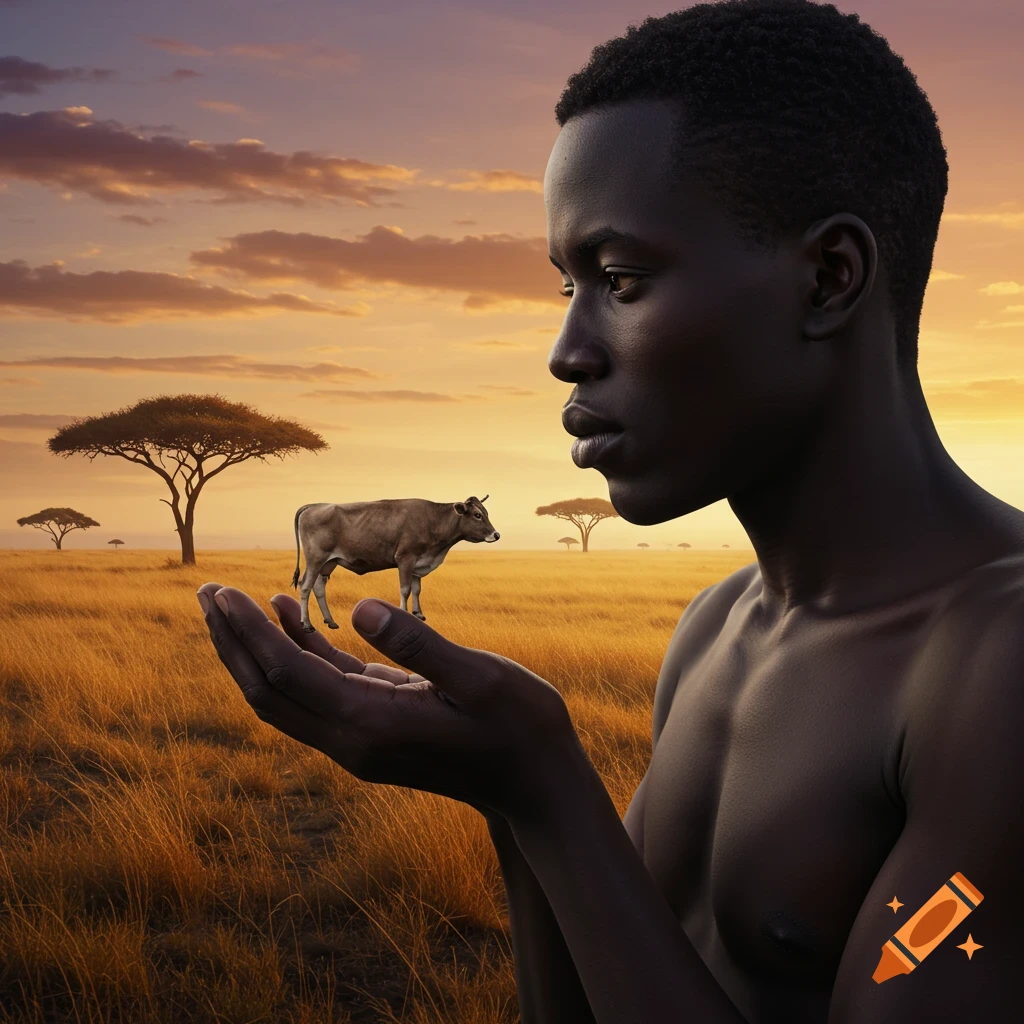 A photorealistic image of a Black man holding a miniature cow in his hands, standing in a golden savannah at sunset.
