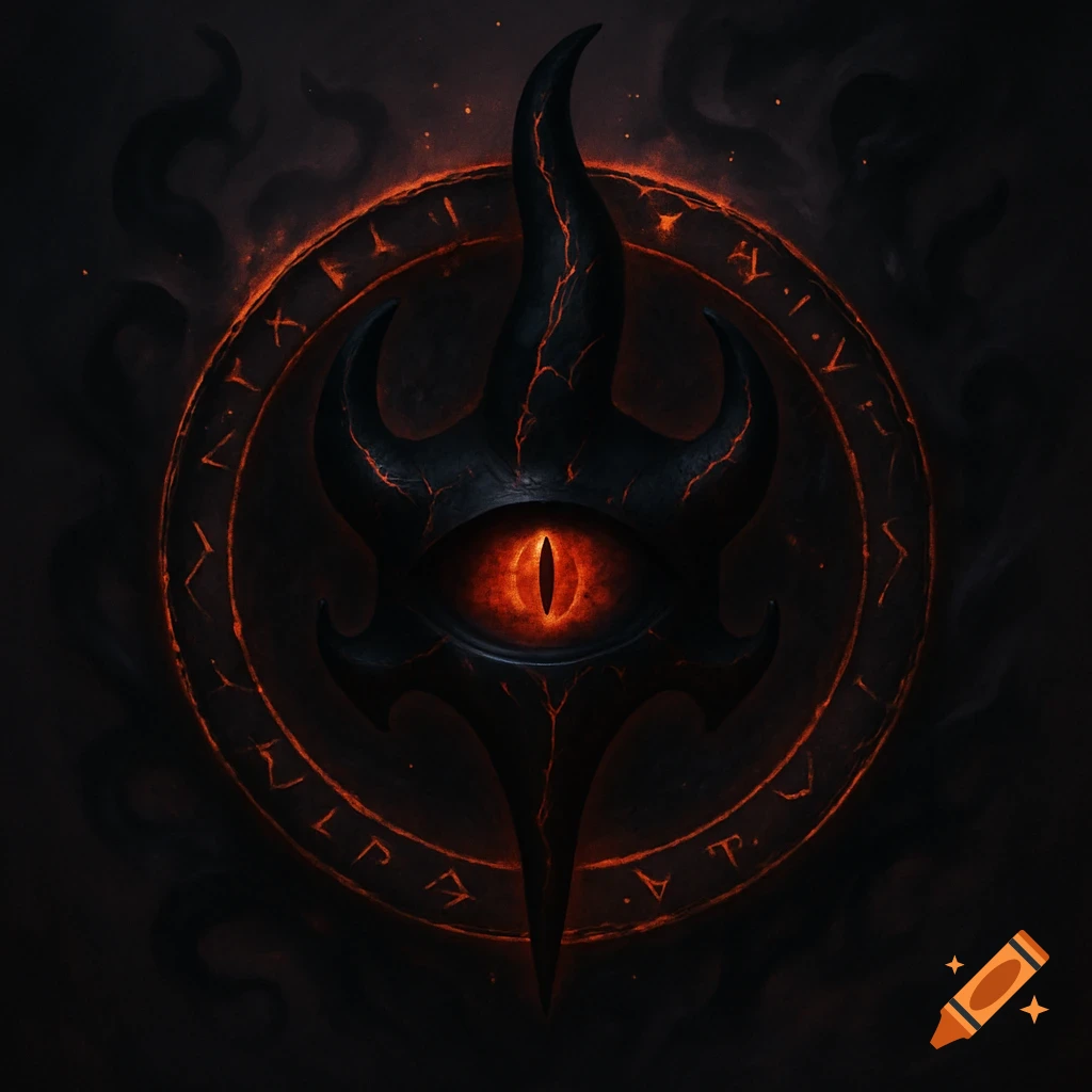 A dark fantasy sigil with a glowing red eye, black horns, fiery runes, and smoky shadows.