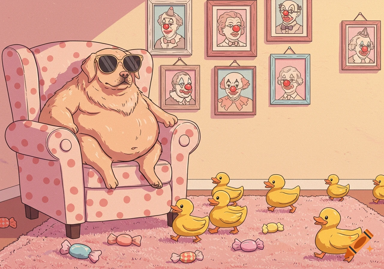 A plump golden dog wearing sunglasses sits on a pink polka-dotted armchair, surrounded by yellow ducklings and candies on a pink rug, with a wall covered in framed clown portraits.