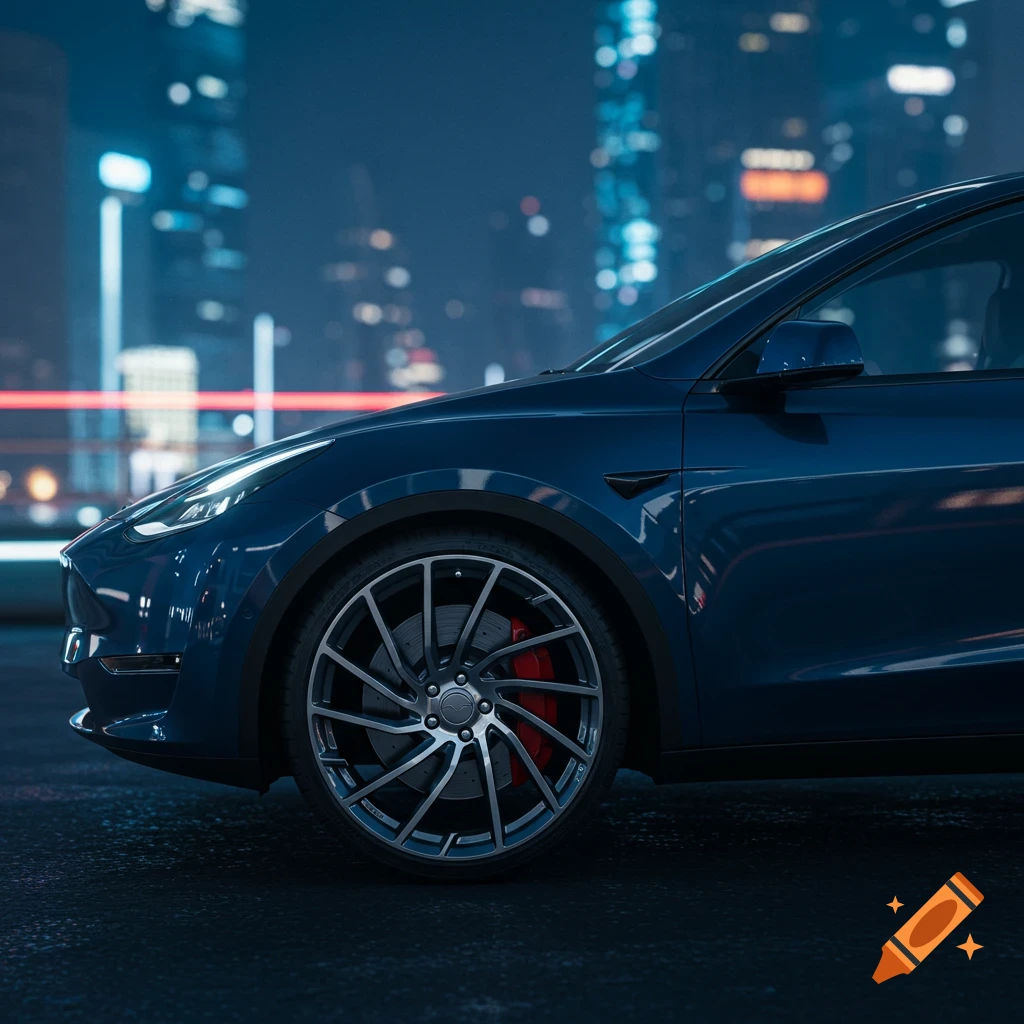 Close-up of a dark blue Tesla Model Y on a city street at night, with blurred city lights in the background. The car features custom multi-spoke wheels with red brake calipers.