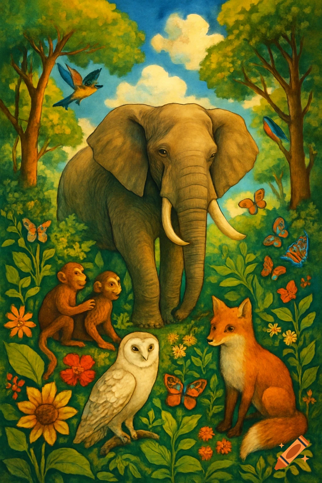 A vibrant painting of an elephant, monkeys, an owl, and a fox surrounded by birds and butterflies in a lush forest.