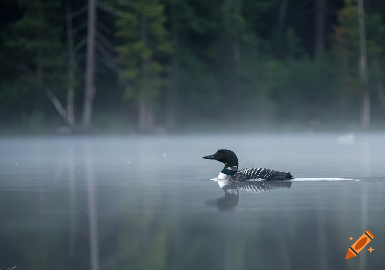 A photorealistic common loon with a black head, red eye, and patterned back swims on a misty lake.