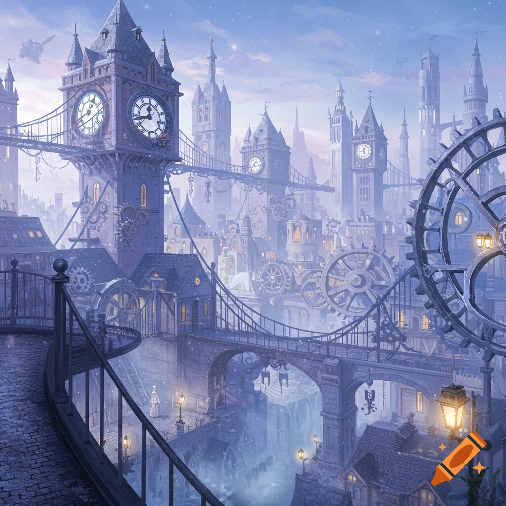 A whimsical steampunk city at dusk, with towering clock structures, bridges, and gears under a soft blue sky, a path leading to a lone figure.
