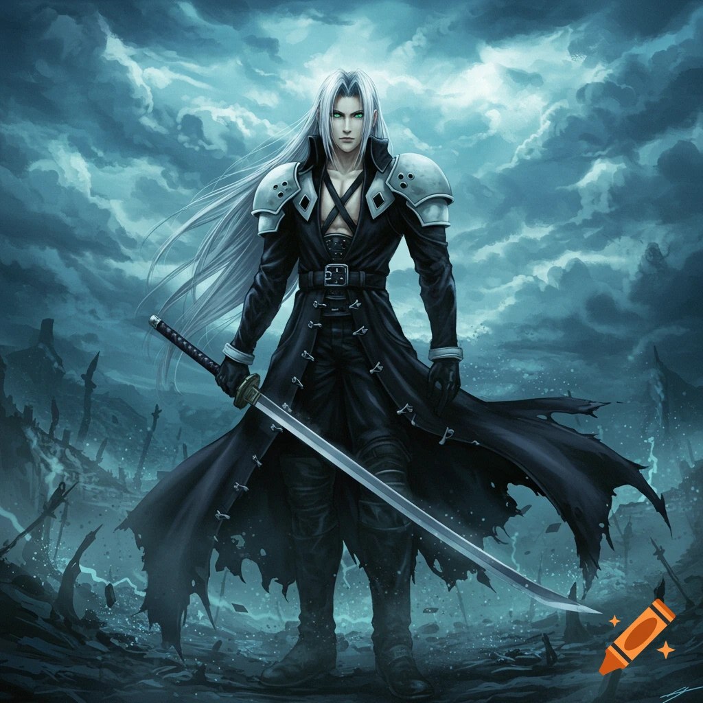 Sephiroth, a long white-haired man in a black coat and armor, stands with a katana in a dark, stormy fantasy landscape.