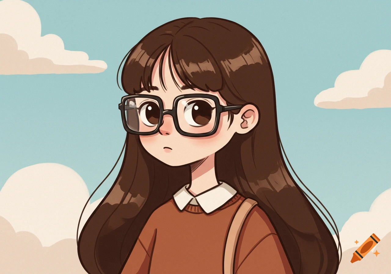 Cartoon drawing of a girl with long brown hair, black square glasses, and a brown sweater under a blue sky with clouds.