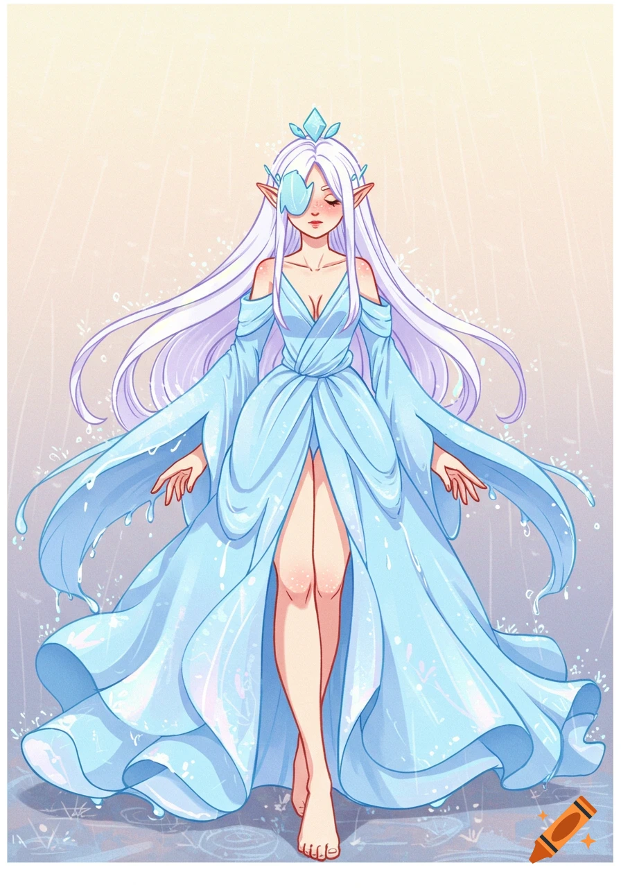 A cartoon fantasy woman with long white hair, an ice crown, and a watery eyepatch, wearing a flowing blue dress with a high slit, standing barefoot in rain.