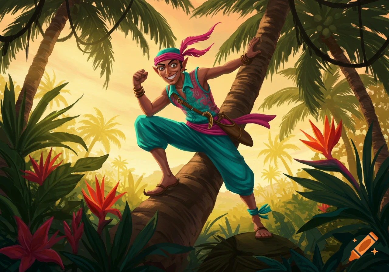 A smiling cartoonish bandit, wearing a pink turban and teal clothes, climbs a palm tree in a vibrant tropical jungle at sunset, in an illustrative style.
