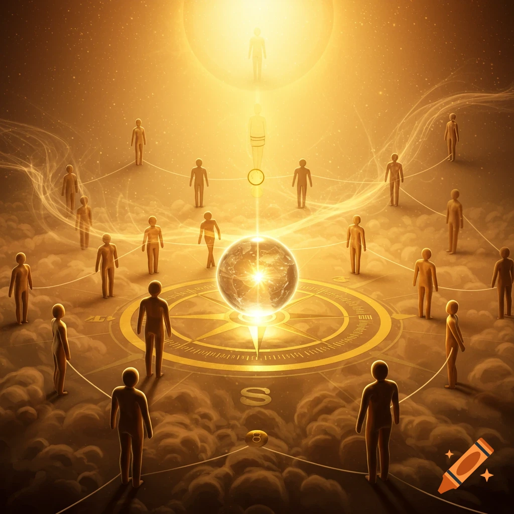 Stylized golden figures stand on clouds around a glowing Earth-like sphere on a compass in a bright, ethereal golden sky.