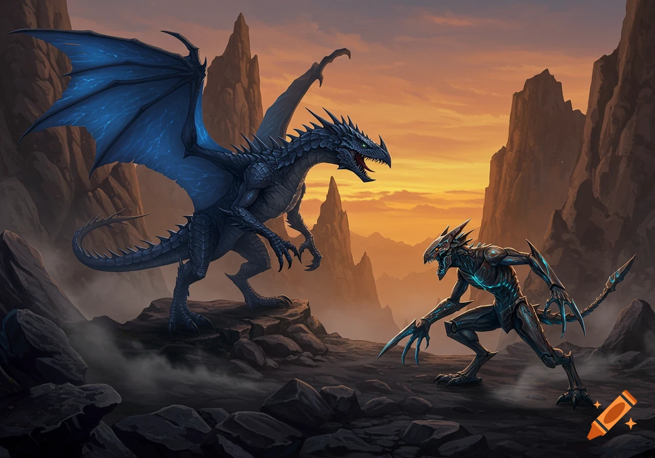 A large blue-winged dragon faces a smaller, black and blue blade-wielding reptilian monster in a rocky canyon at sunset, fantasy art style.