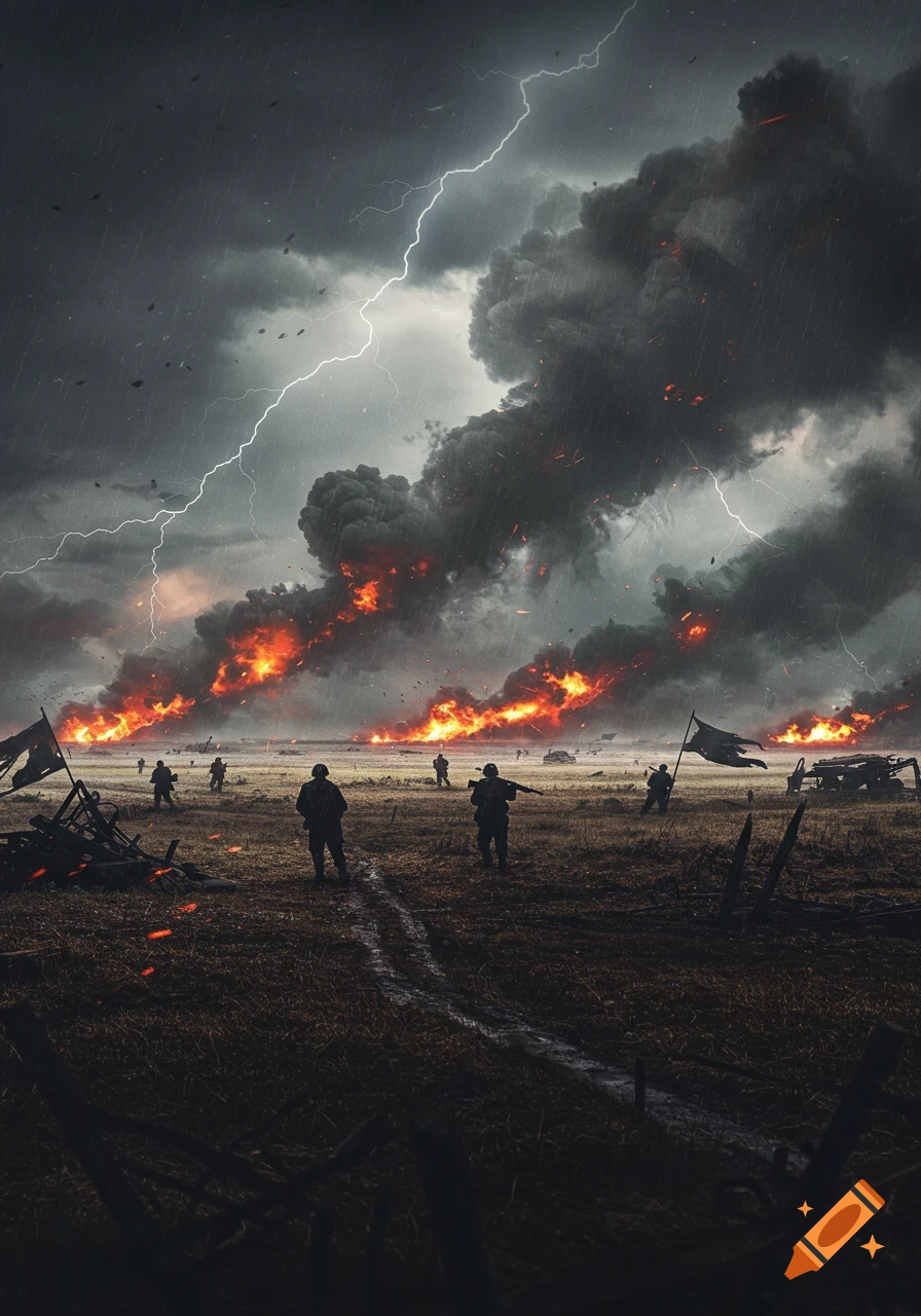 Silhouetted soldiers on a muddy battlefield under a stormy, lightning-filled sky with large explosions and smoke.