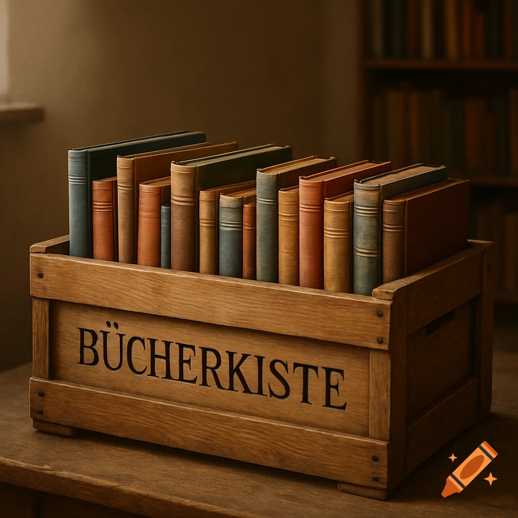 A wooden box filled with vintage books, with "BÜCHERKISTE" carved on its side, sitting on a wooden table. Photorealistic style.