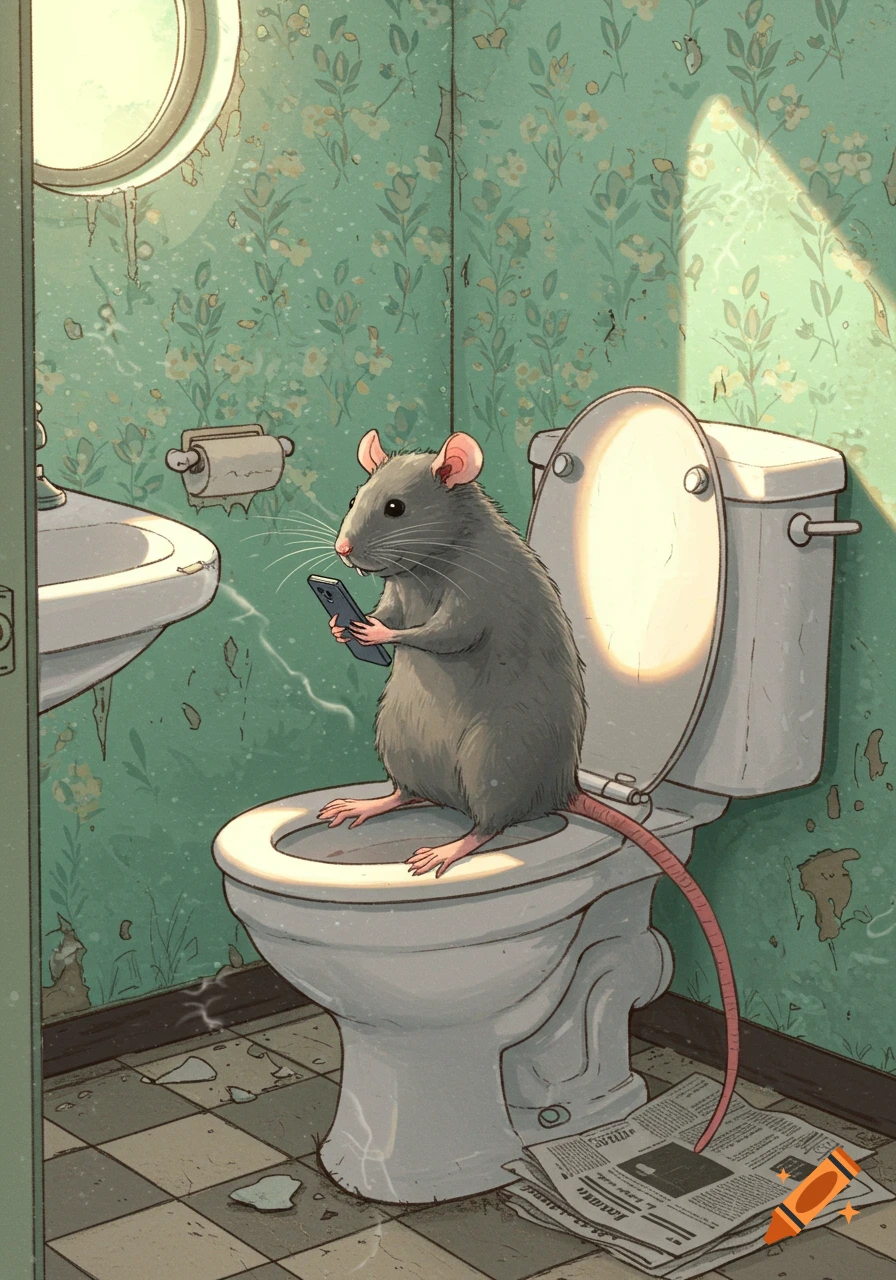 A detailed illustration of a rat sitting on a dirty toilet, engrossed in its smartphone in a run-down bathroom.