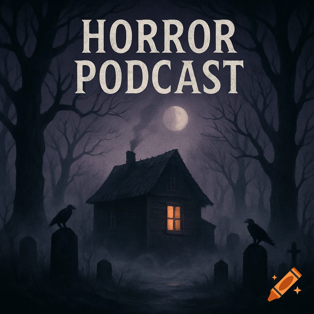 A dark, moody illustration of a cabin in a graveyard under a full moon with bare trees and crows, text 'HORROR PODCAST'.
