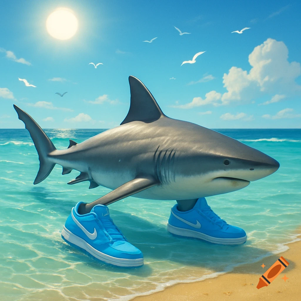 A photorealistic shark stands in shallow turquoise ocean water on a sandy beach, wearing light blue Nike sneakers under a bright sun.