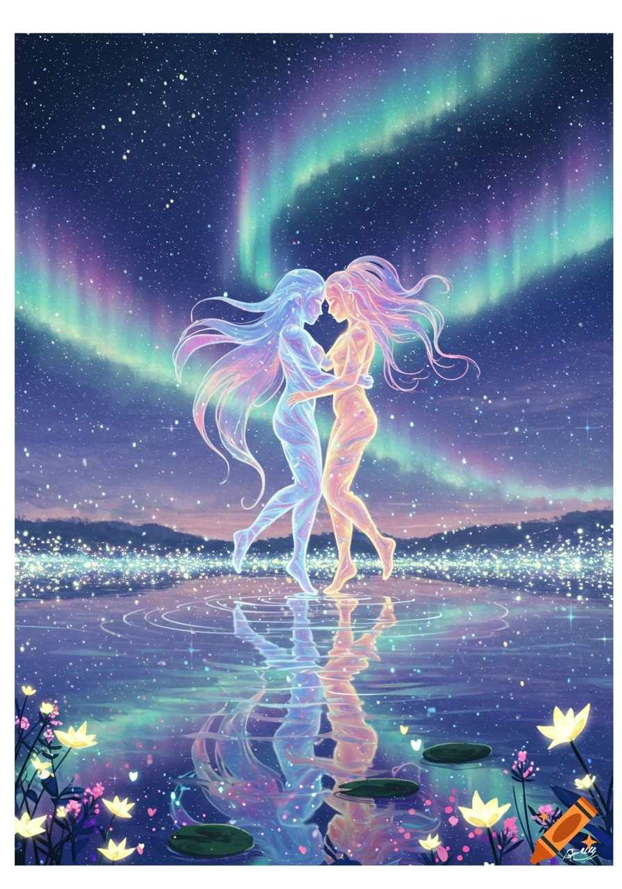 Two ethereal, glowing figures embrace on a reflective body of water under a starry sky with a vibrant aurora borealis and glowing flowers.