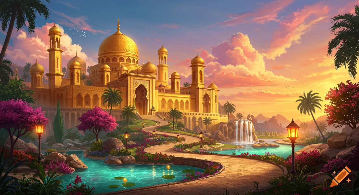A majestic golden palace with domed towers and ornate arches, surrounded by lush gardens, palm trees, and a winding pathway with lanterns, all set against a vibrant sunset sky with pink and orange clouds, reflecting in a turquoise pond.