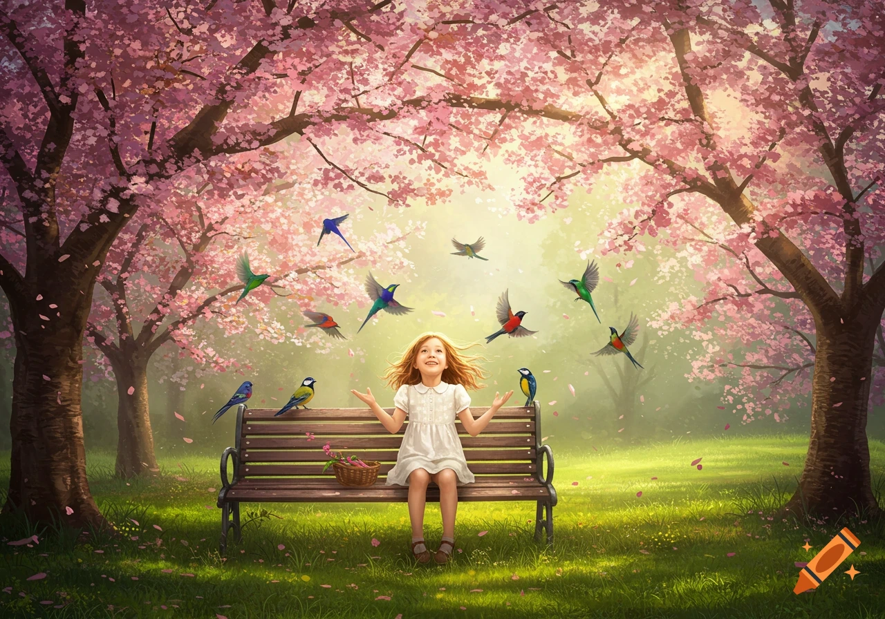 A young girl with flowing red hair sits on a park bench surrounded by colorful birds and falling pink blossoms under blooming trees.