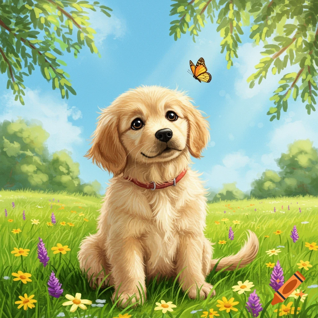 A cute golden retriever puppy with a red collar sits in a field of green grass and colorful flowers, looking up at a butterfly.