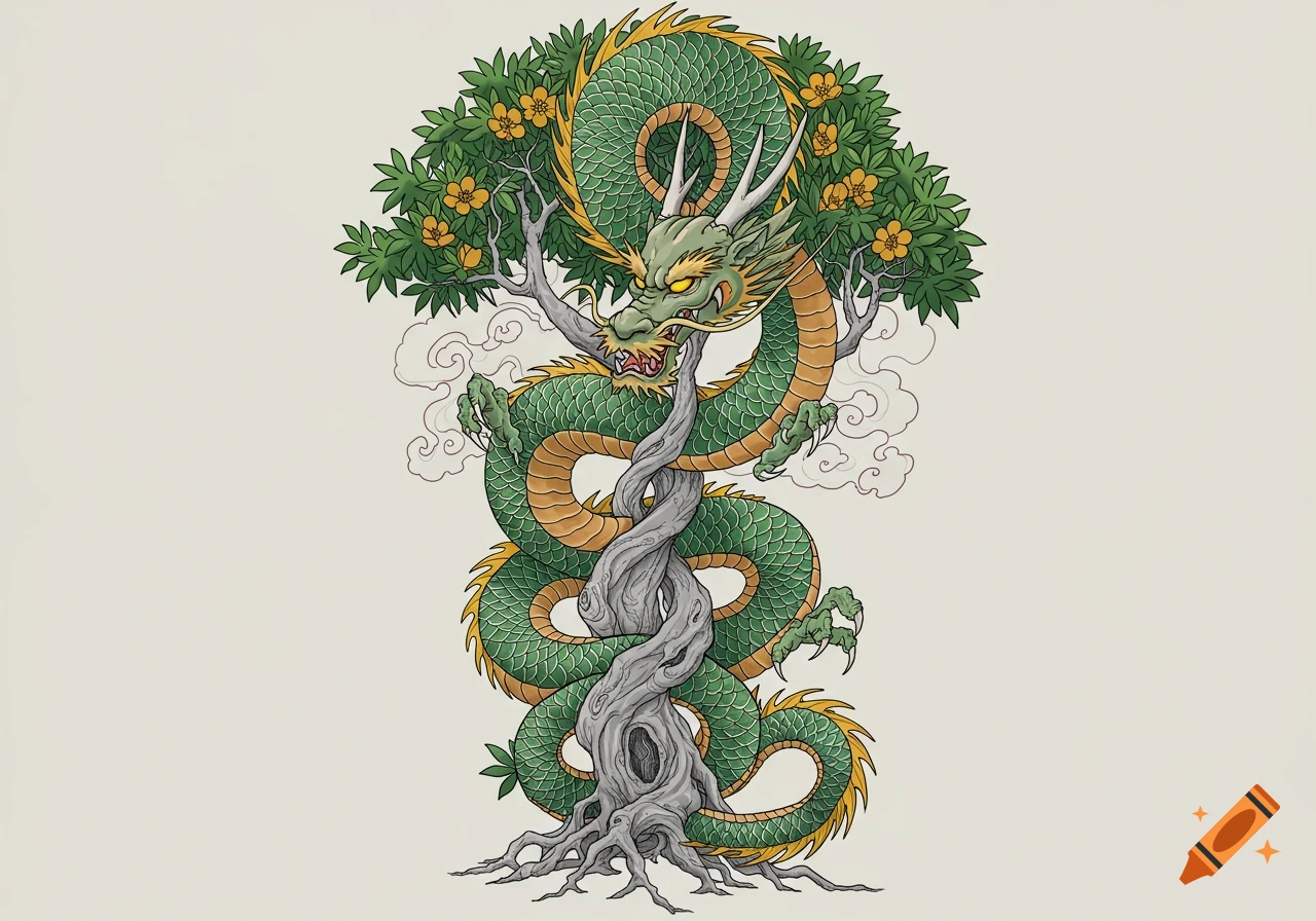 A vibrant illustration of a green and gold dragon wrapped around a gnarly tree with green leaves and yellow flowers, in a tattoo-art style.