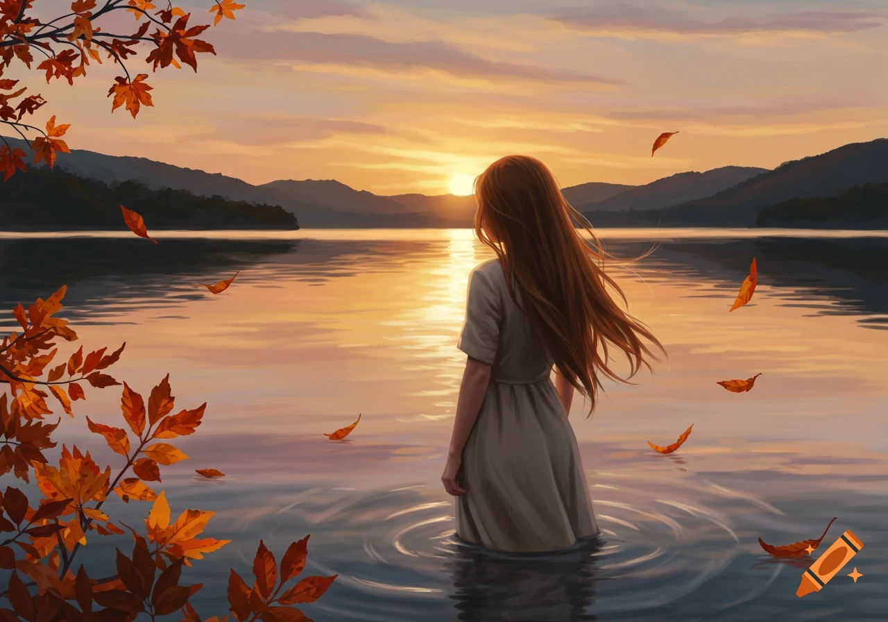An illustration of a woman standing in a lake at sunset, surrounded by autumn leaves and distant mountains.