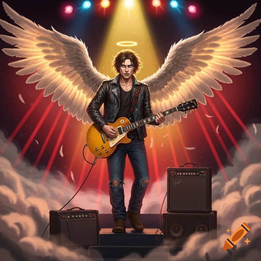 An angel with large, glowing wings and a halo plays a yellow Les Paul guitar on a stage with amplifiers, surrounded by clouds and red and yellow spotlights.