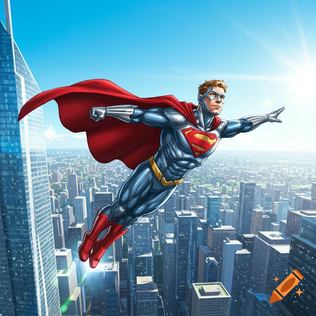 A muscular superhero with a red cape and blue metallic suit with a red 'S' emblem flies over a city on a sunny day.