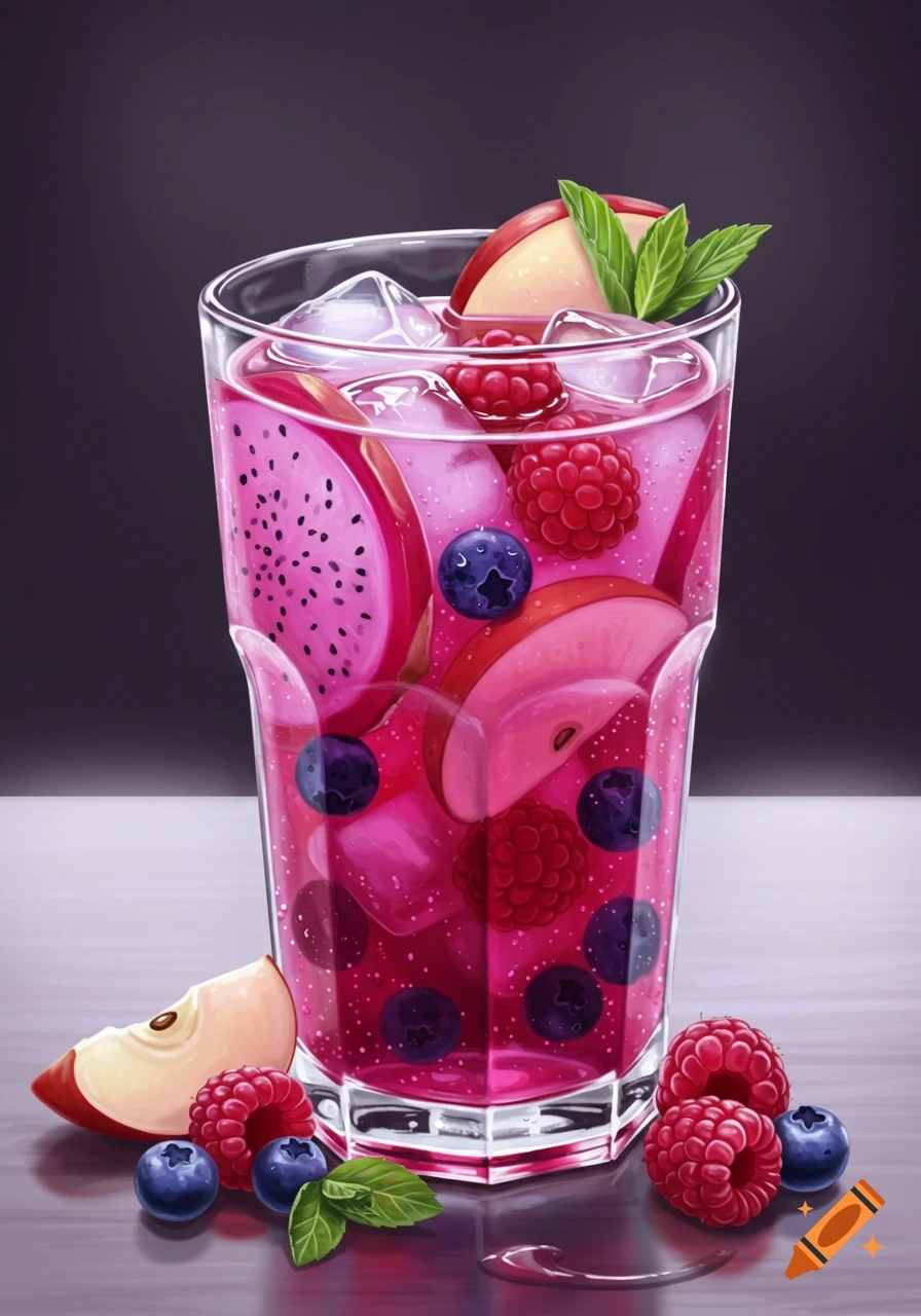 A vibrant pink and purple fruit drink in a tall glass with ice, dragon fruit, raspberries, blueberries, and apple slices, garnished with mint. More fruit and mint are on the reflective surface next to the glass.