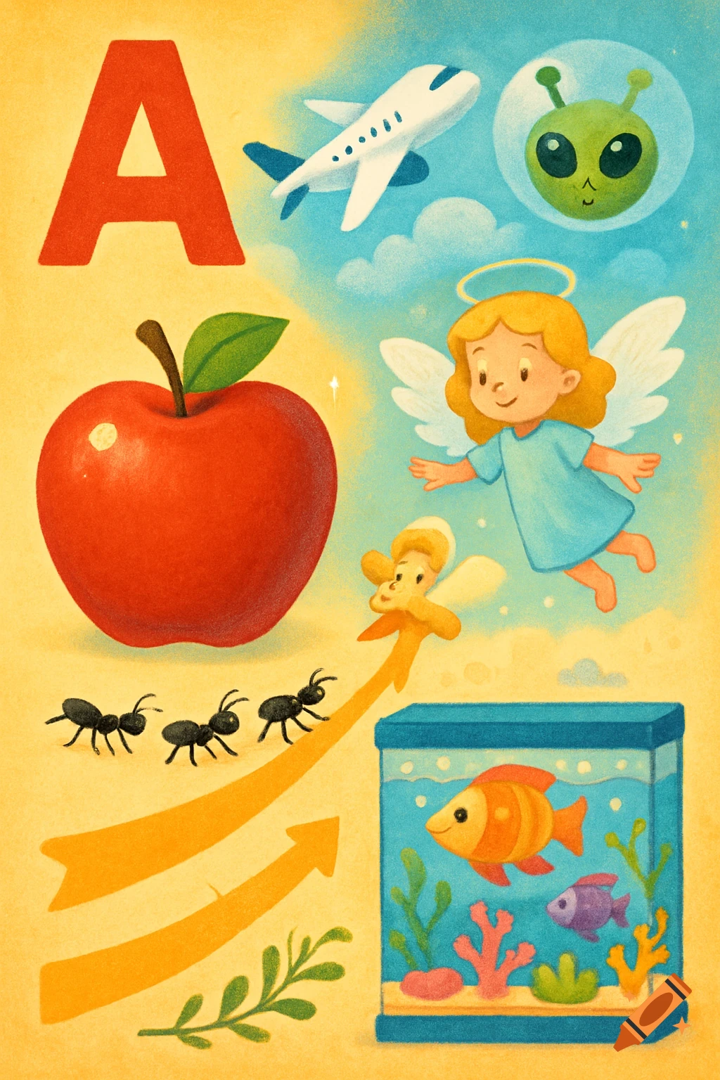 A colorful illustration featuring the letter A, an apple, ants, arrows, an angel, an airplane, an alien, and an aquarium.