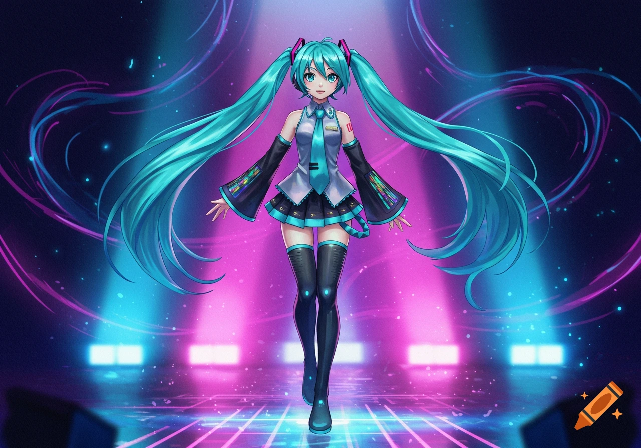 A vibrant anime character resembling Hatsune Miku with long teal pigtails and a futuristic outfit stands on a glowing stage.