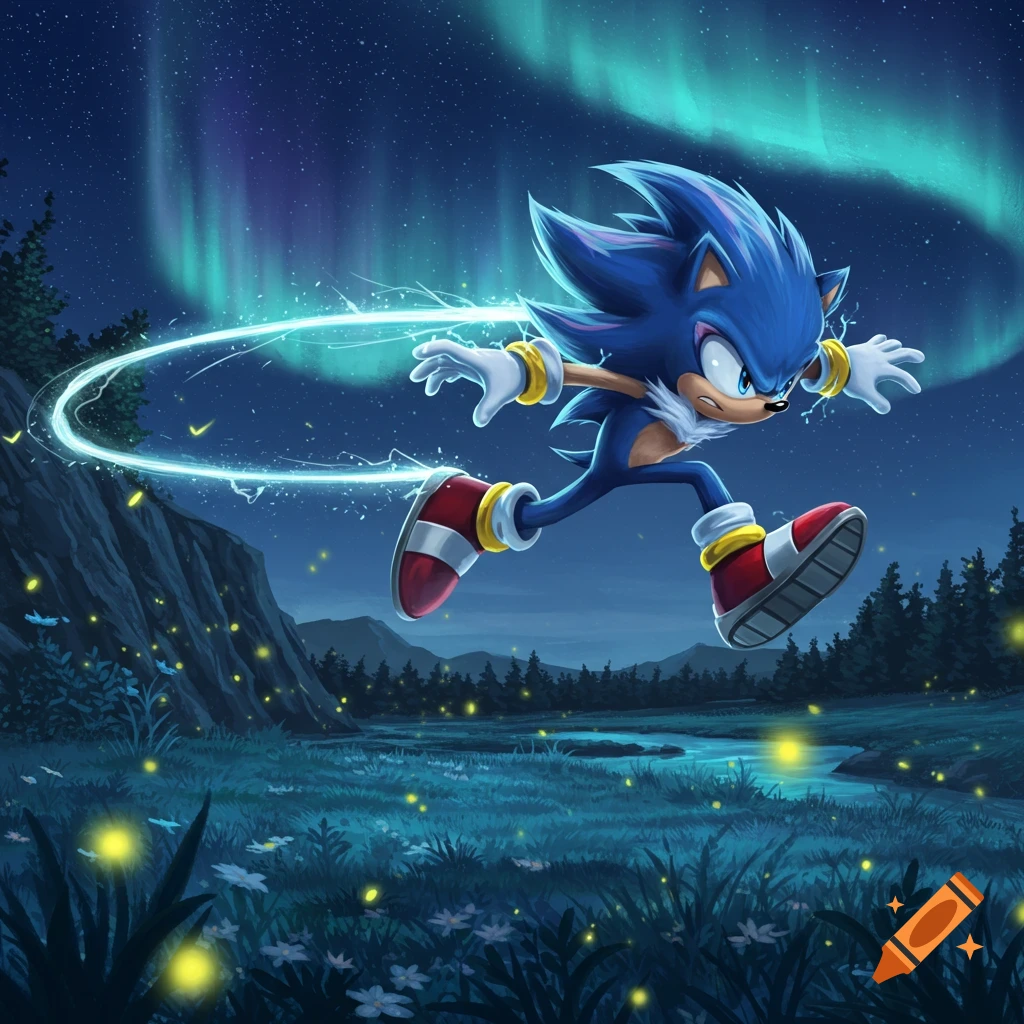 Sonic the Hedgehog runs under the aurora borealis at night, leaving a glowing speed trail in a vibrant cartoon style.