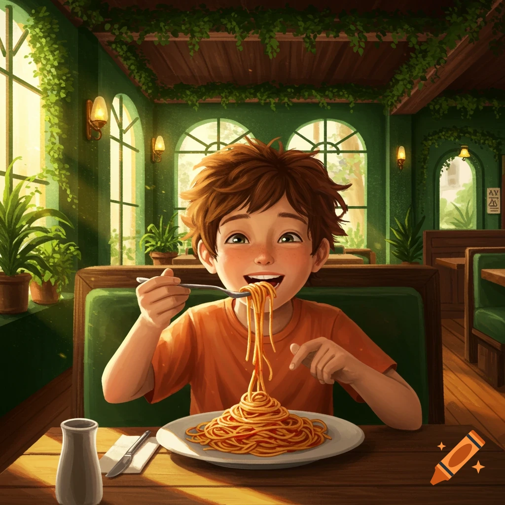 Vibrant illustration of a happy boy eating a large plate of spaghetti in a green restaurant filled with plants.