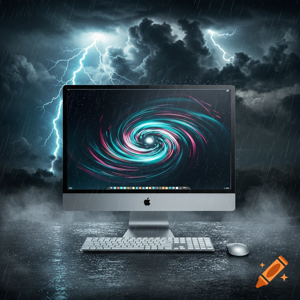 An iMac computer setup sits on a wet surface beneath a dark, stormy, lightning-filled sky. The screen shows a colorful swirling galaxy.