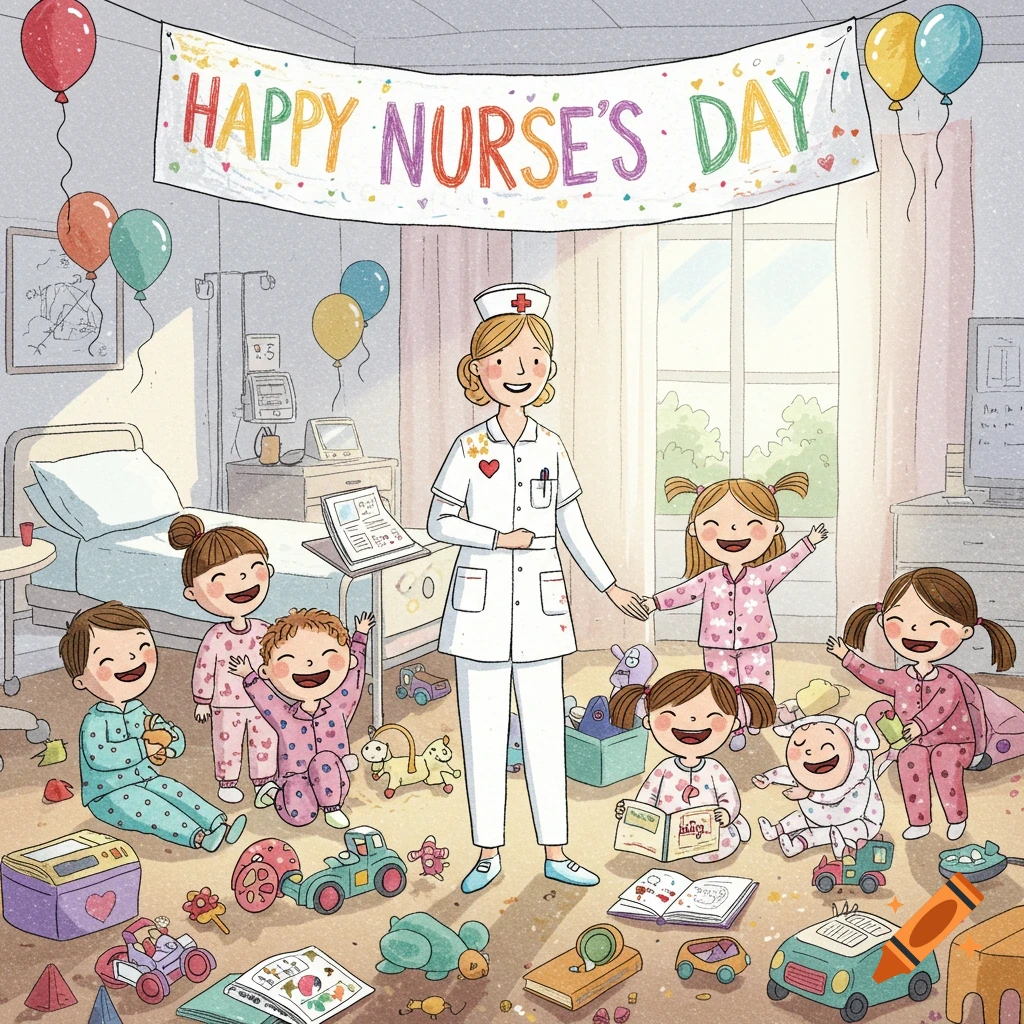 An illustration of a smiling nurse surrounded by cheerful children playing with toys in a hospital room, under a 'Happy Nurse's Day' banner.