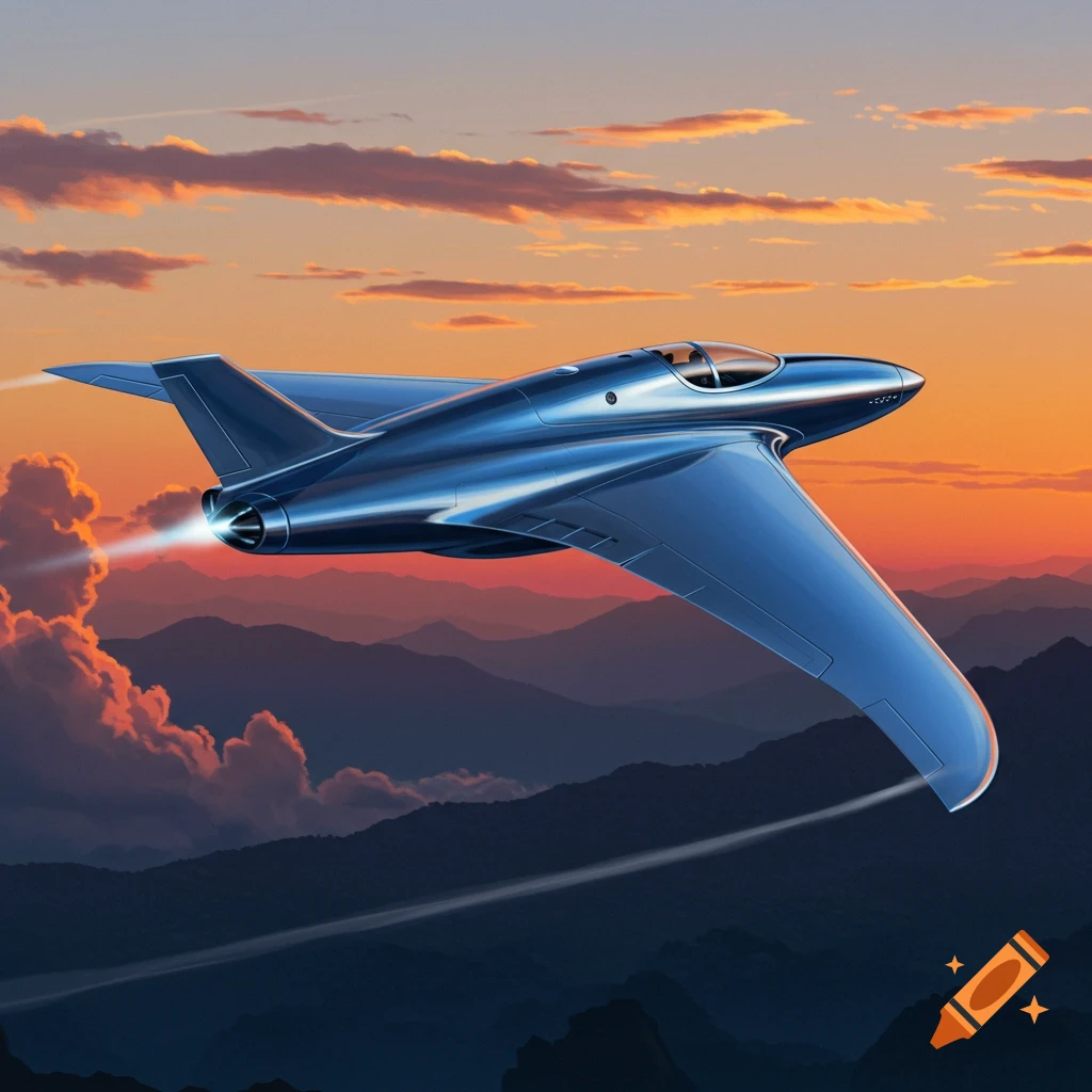 A sleek, blue futuristic aircraft with a polished metallic finish soars over dark mountain ranges against a vibrant orange and purple sunset sky.